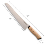 Bread Knife dimensions: Length 15 inches, blade length 10 inches, handle width 1.8 inches
